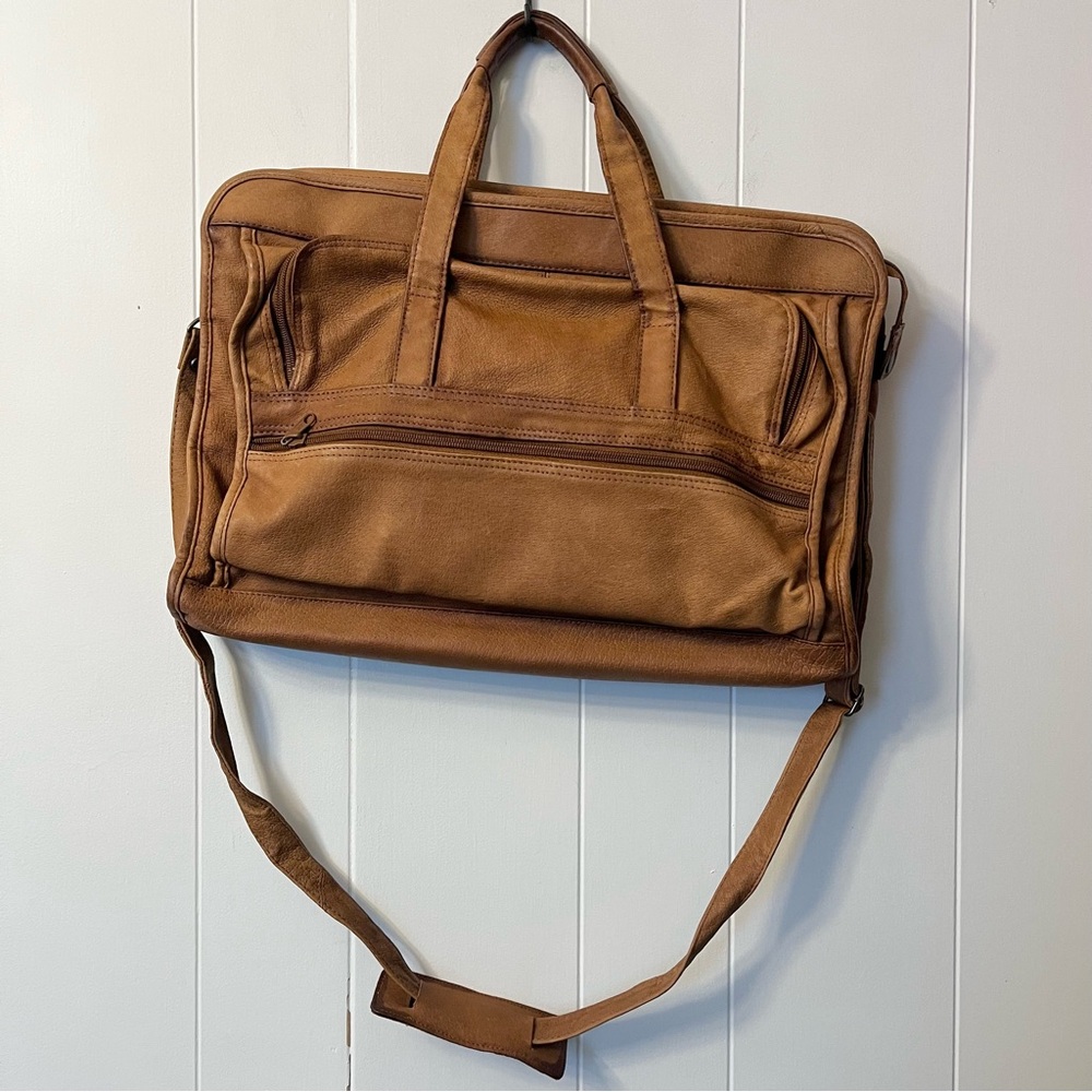 Vintage Leather Briefcase Laptop Messenger Bag Tan Rugged Camel Distressed Retro